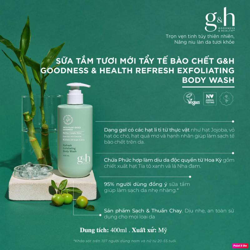 125892 Sữa tắm tươi mới tẩy tế bào chết G&H . 400 ml . Xuất xứ: Mỹ