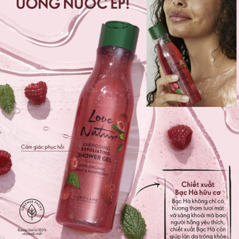 41493 Gel tắm tẩy da chết – Love Nature Energising Exfoliating Shower Gel with Organic Mint & Raspberry