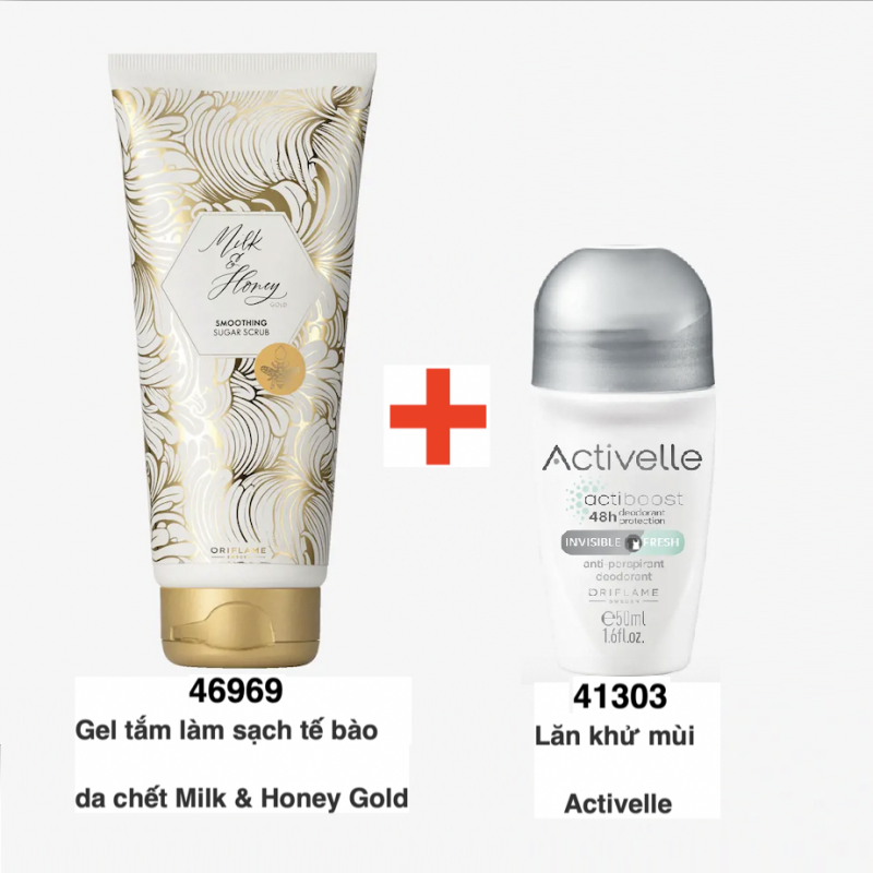 Bộ 46969 + 41303 Gel tắm làm sạch tế bào da chết Milk & Honey Gold và Lăn khử mùi ngăn ngừa vết ố Activelle